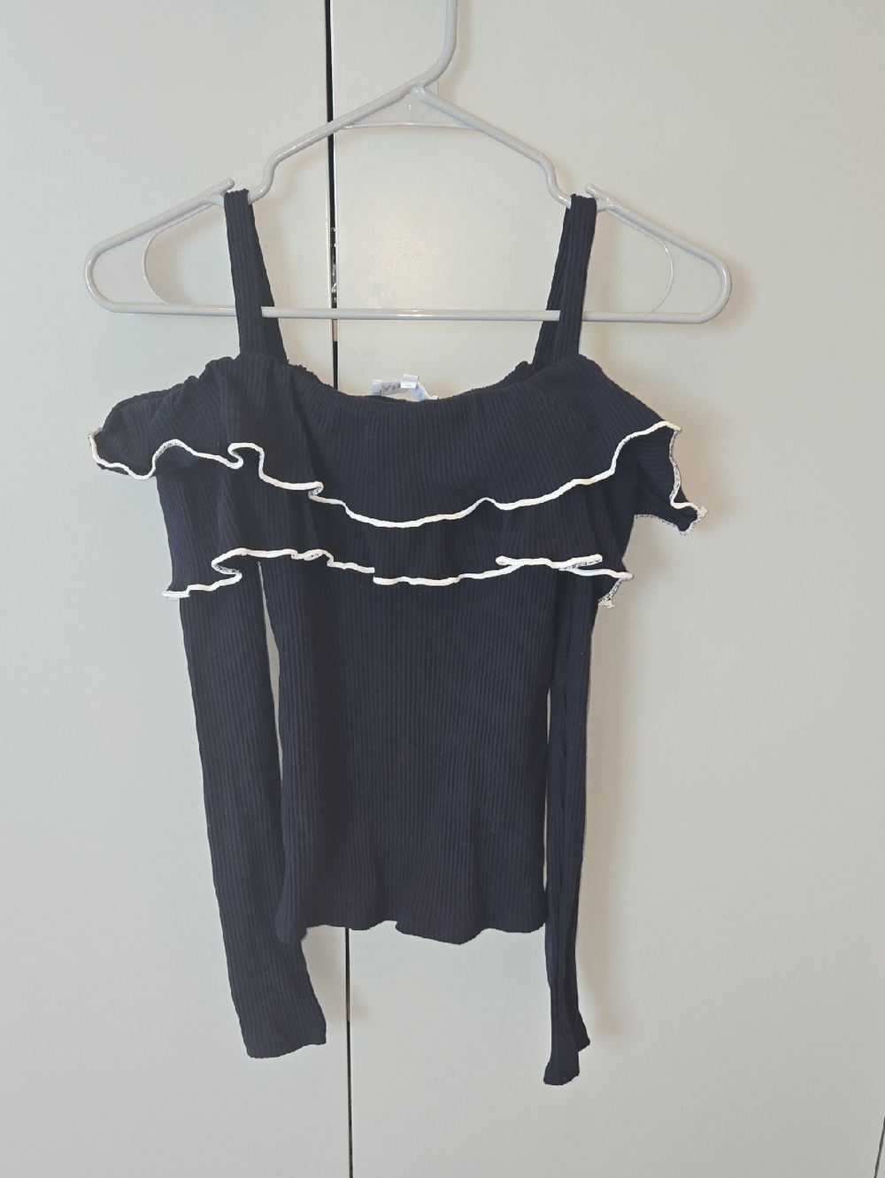 Navy Off-Shoulder Ruffle Long Sleeve Top with Contrast Trim